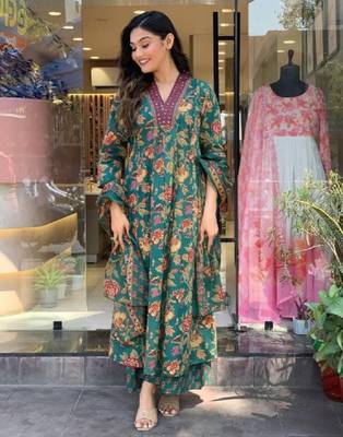 Green beautiful cotton flower printed neckline worked kurta and palazzo with cotton dupatta 2