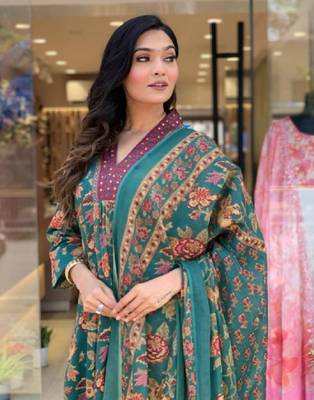 Green beautiful cotton flower printed neckline worked kurta and palazzo with cotton dupatta 3