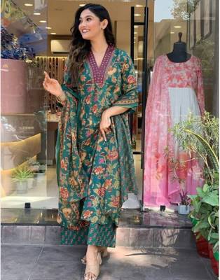 Green beautiful cotton flower printed neckline worked kurta and palazzo with cotton dupatta 4