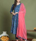 women's cotton floral printed kurta & pant with dupatta
