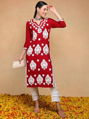 maroon viscose rayon solid embroidered straight kurta 1