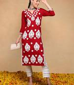 maroon viscose rayon solid embroidered straight kurta