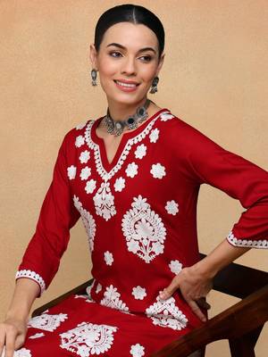 maroon viscose rayon solid embroidered straight kurta 2