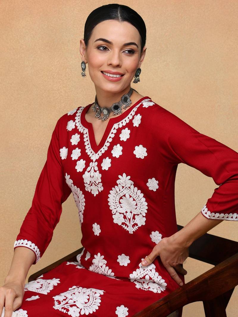 maroon viscose rayon solid embroidered straight kurta