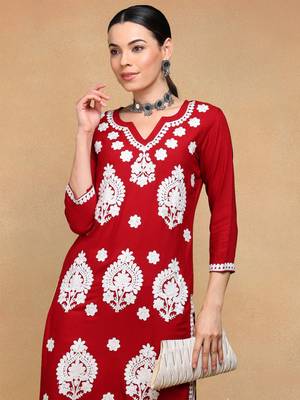 maroon viscose rayon solid embroidered straight kurta 3