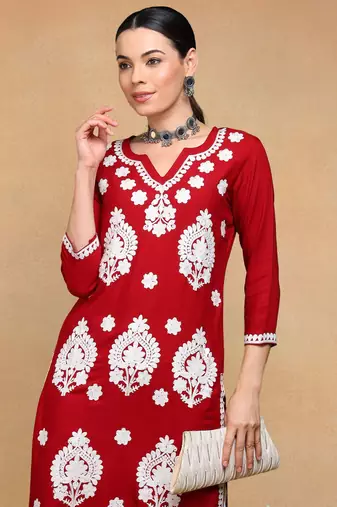 maroon viscose rayon solid embroidered straight kurta