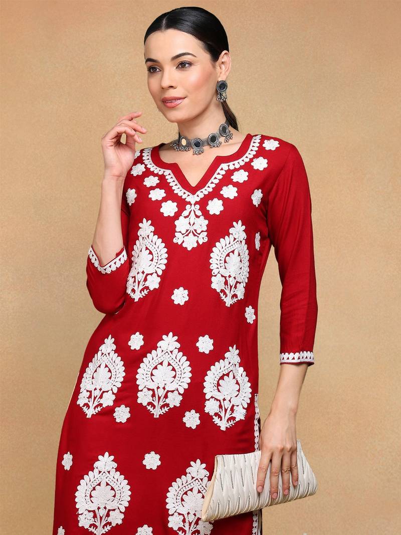 maroon viscose rayon solid embroidered straight kurta