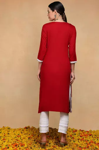maroon viscose rayon solid embroidered straight kurta