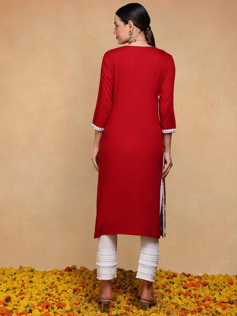 maroon viscose rayon solid embroidered straight kurta
