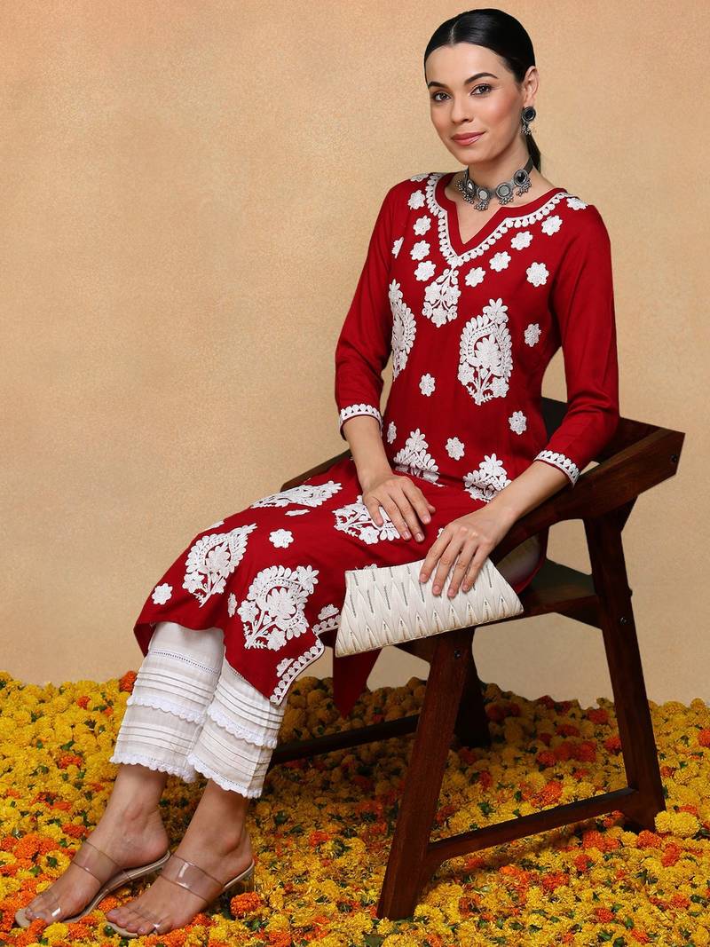 maroon viscose rayon solid embroidered straight kurta
