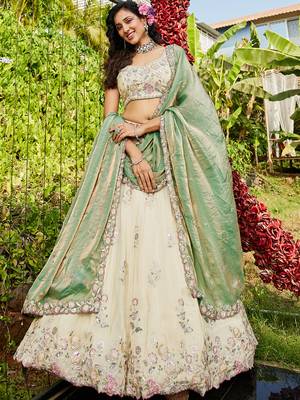 Cream colour tissue   with  Sequin & Thread embroidery Semi-Stitched Lehenga choli & Dupatta 1