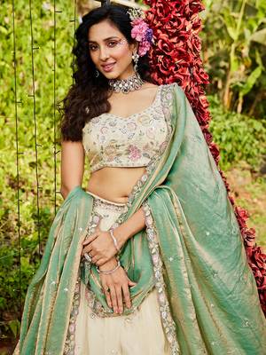 Cream colour tissue   with  Sequin & Thread embroidery Semi-Stitched Lehenga choli & Dupatta 2