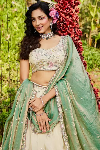 Cream colour tissue   with  Sequin & Thread embroidery Semi-Stitched Lehenga choli & Dupatta