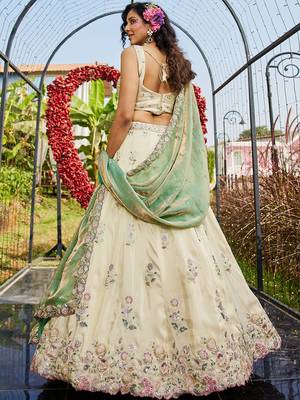 Cream colour tissue   with  Sequin & Thread embroidery Semi-Stitched Lehenga choli & Dupatta 3