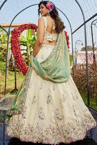 Cream colour tissue   with  Sequin & Thread embroidery Semi-Stitched Lehenga choli & Dupatta