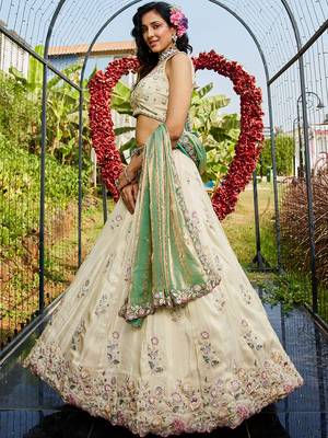 Cream colour tissue   with  Sequin & Thread embroidery Semi-Stitched Lehenga choli & Dupatta 4
