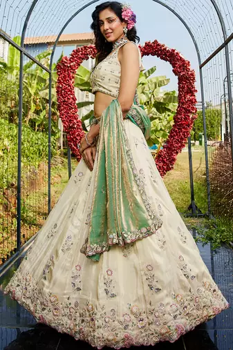 Cream colour tissue   with  Sequin & Thread embroidery Semi-Stitched Lehenga choli & Dupatta