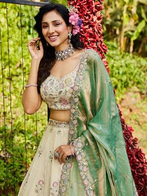 Cream colour tissue   with  Sequin & Thread embroidery Semi-Stitched Lehenga choli & Dupatta 5