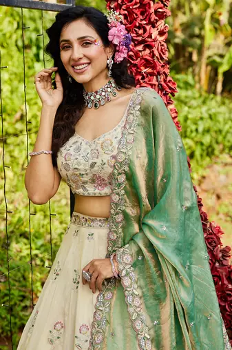Cream colour tissue   with  Sequin & Thread embroidery Semi-Stitched Lehenga choli & Dupatta