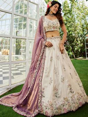 Cream colour tissue   with  Sequin & Thread embroidery Semi-Stitched Lehenga choli & Dupatta 1