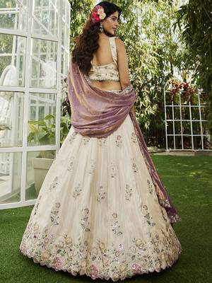 Cream colour tissue   with  Sequin & Thread embroidery Semi-Stitched Lehenga choli & Dupatta 3