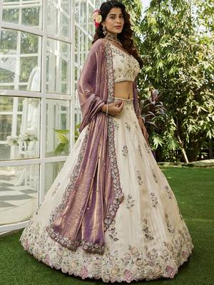 Cream colour tissue   with  Sequin & Thread embroidery Semi-Stitched Lehenga choli & Dupatta 4
