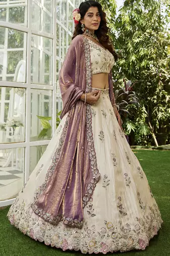 Cream colour tissue   with  Sequin & Thread embroidery Semi-Stitched Lehenga choli & Dupatta