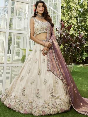 Cream colour tissue   with  Sequin & Thread embroidery Semi-Stitched Lehenga choli & Dupatta 5