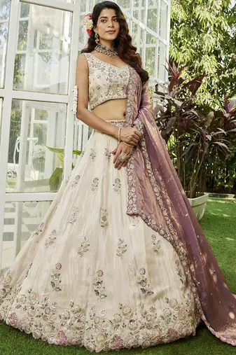Cream colour tissue   with  Sequin & Thread embroidery Semi-Stitched Lehenga choli & Dupatta