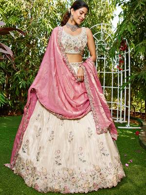 Cream colour tissue   with  Sequin & Thread embroidery Semi-Stitched Lehenga choli & Dupatta 1