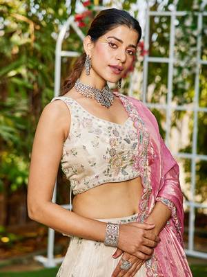 Cream colour tissue   with  Sequin & Thread embroidery Semi-Stitched Lehenga choli & Dupatta 2