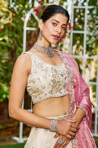Cream colour tissue   with  Sequin & Thread embroidery Semi-Stitched Lehenga choli & Dupatta