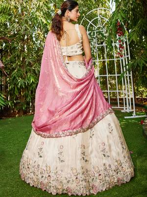 Cream colour tissue   with  Sequin & Thread embroidery Semi-Stitched Lehenga choli & Dupatta 3