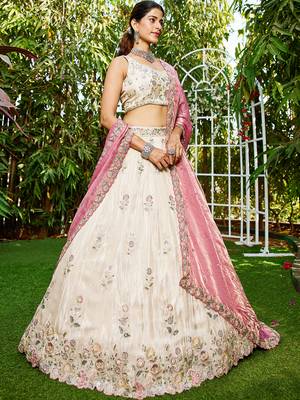 Cream colour tissue   with  Sequin & Thread embroidery Semi-Stitched Lehenga choli & Dupatta 4
