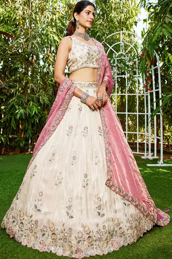 Cream colour tissue   with  Sequin & Thread embroidery Semi-Stitched Lehenga choli & Dupatta