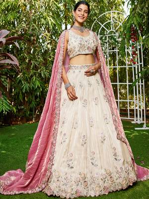 Cream colour tissue   with  Sequin & Thread embroidery Semi-Stitched Lehenga choli & Dupatta 5