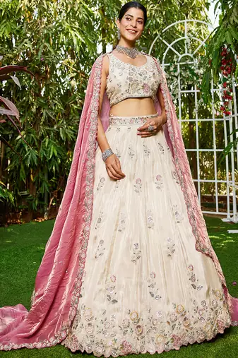 Cream colour tissue   with  Sequin & Thread embroidery Semi-Stitched Lehenga choli & Dupatta