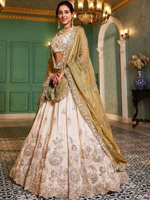 Cream colour tissue   with  Sequin & Thread embroidery Semi-Stitched Lehenga choli & Dupatta 2