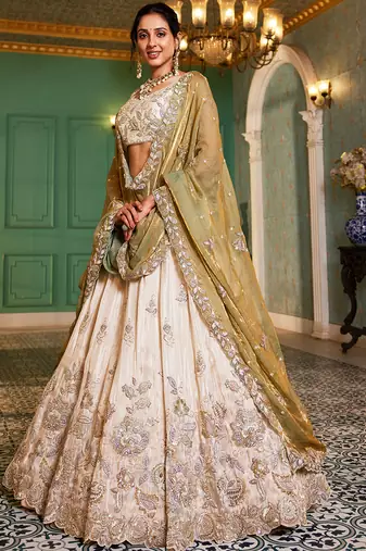 Cream colour tissue   with  Sequin & Thread embroidery Semi-Stitched Lehenga choli & Dupatta