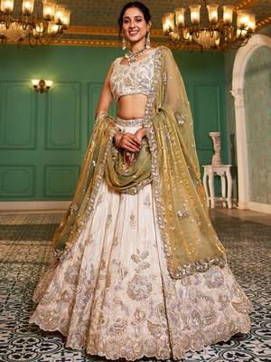 Cream colour tissue   with  Sequin & Thread embroidery Semi-Stitched Lehenga choli & Dupatta 1