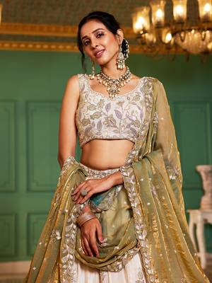 Cream colour tissue   with  Sequin & Thread embroidery Semi-Stitched Lehenga choli & Dupatta 4