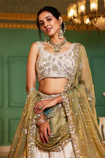 Cream colour tissue   with  Sequin & Thread embroidery Semi-Stitched Lehenga choli & Dupatta