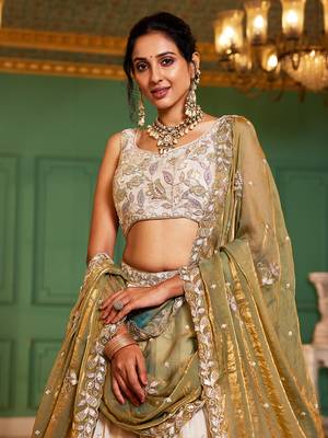 Cream colour tissue   with  Sequin & Thread embroidery Semi-Stitched Lehenga choli & Dupatta 5