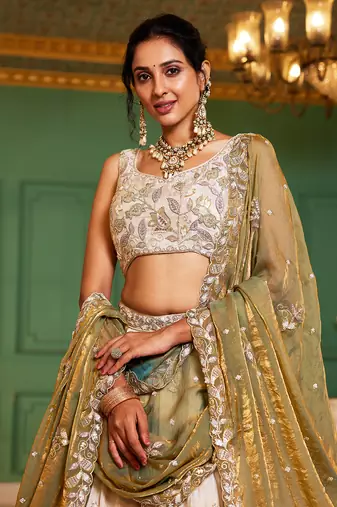 Cream colour tissue   with  Sequin & Thread embroidery Semi-Stitched Lehenga choli & Dupatta