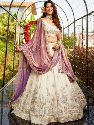 Cream colour tissue   with  Sequin & Thread embroidery Semi-Stitched Lehenga choli & Dupatta 1