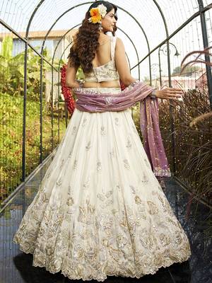 Cream colour tissue   with  Sequin & Thread embroidery Semi-Stitched Lehenga choli & Dupatta 2