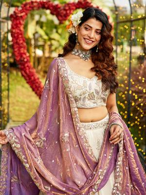Cream colour tissue   with  Sequin & Thread embroidery Semi-Stitched Lehenga choli & Dupatta 3