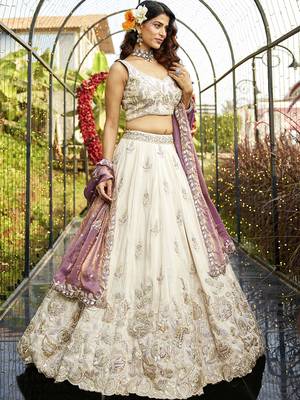 Cream colour tissue   with  Sequin & Thread embroidery Semi-Stitched Lehenga choli & Dupatta 4