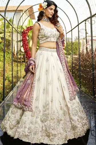 Cream colour tissue   with  Sequin & Thread embroidery Semi-Stitched Lehenga choli & Dupatta