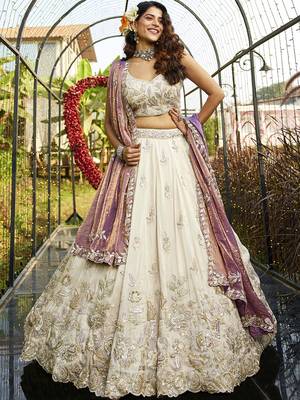 Cream colour tissue   with  Sequin & Thread embroidery Semi-Stitched Lehenga choli & Dupatta 5
